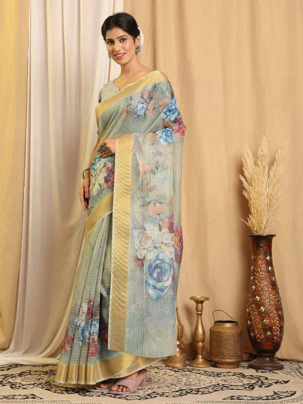 Shivam Fabrics Sea Green Chanderi Fabric Printed Saree - Distacart