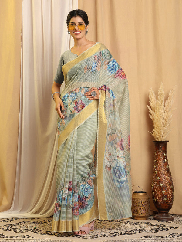 Shivam Fabrics Sea Green Chanderi Fabric Printed Saree - Distacart