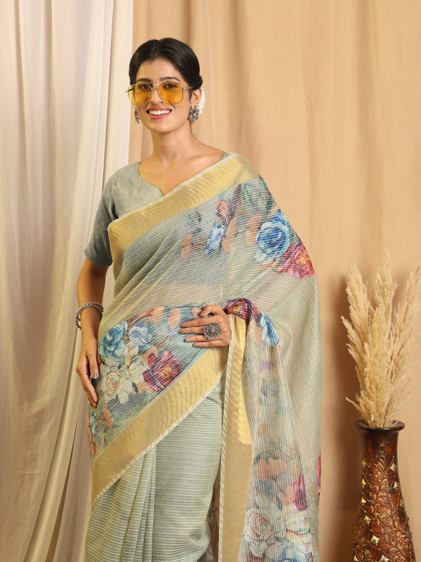 Shivam Fabrics Sea Green Chanderi Fabric Printed Saree - Distacart