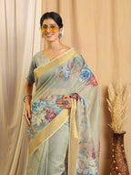 Shivam Fabrics Sea Green Chanderi Fabric Printed Saree - Distacart