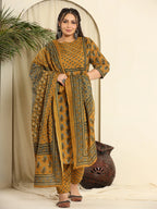 Yufta Mustard Pure Cotton Kantha Work Kurta Dupatta Pant Set With Handwork - Distacart