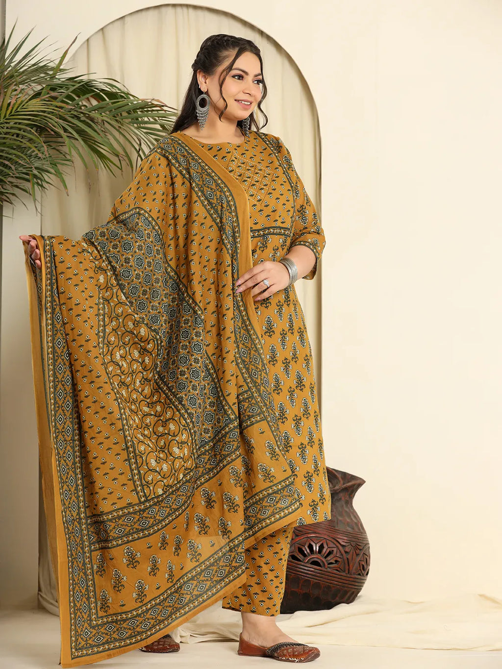 Yufta Mustard Pure Cotton Kantha Work Kurta Dupatta Pant Set With Handwork - Distacart