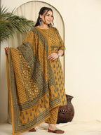 Yufta Mustard Pure Cotton Kantha Work Kurta Dupatta Pant Set With Handwork - Distacart