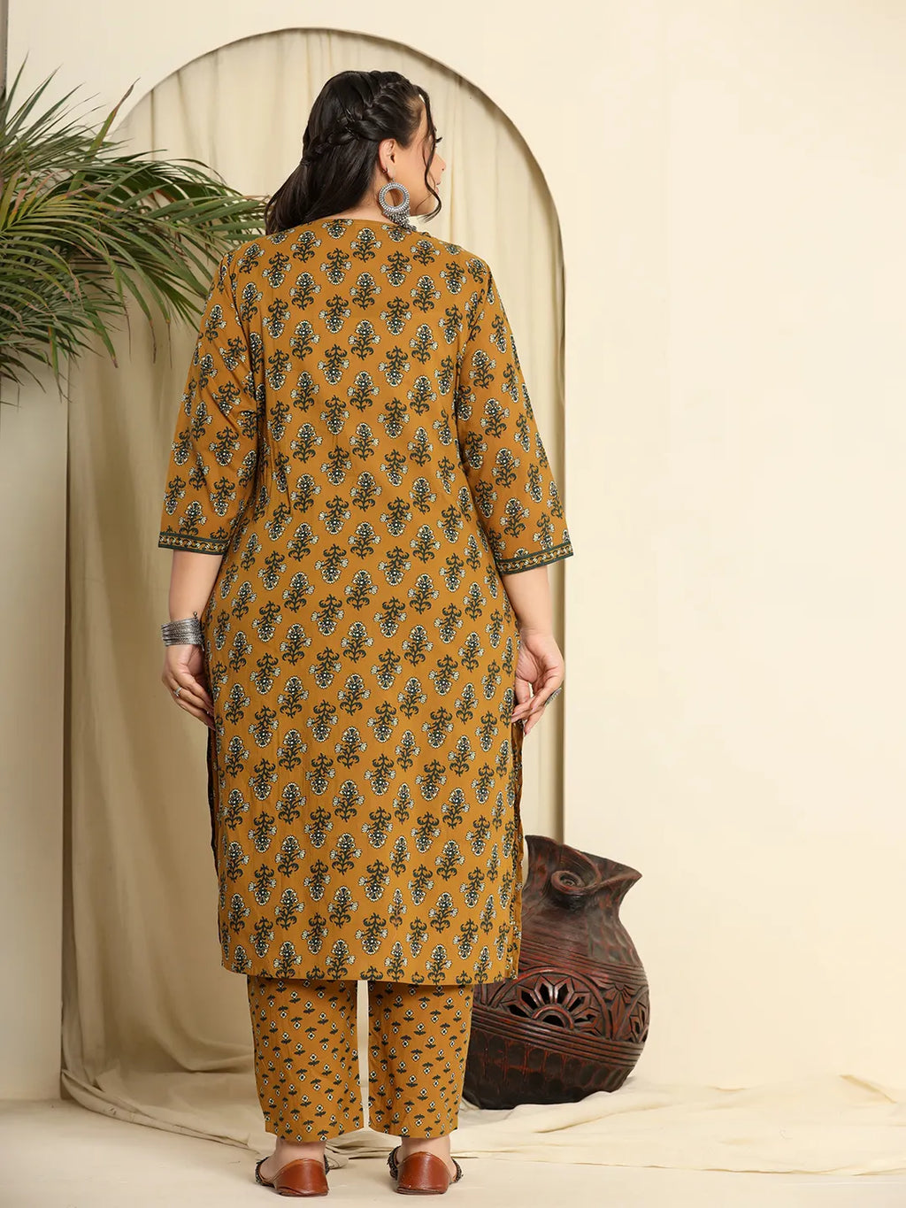 Yufta Mustard Pure Cotton Kantha Work Kurta Dupatta Pant Set With Handwork - Distacart