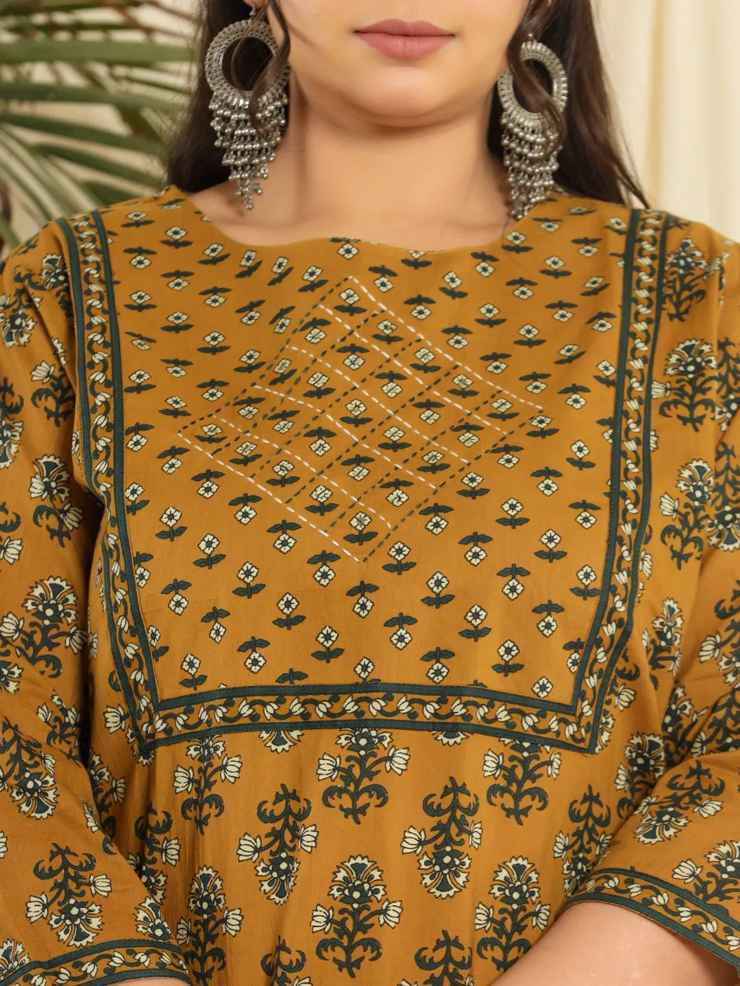 Yufta Mustard Pure Cotton Kantha Work Kurta Dupatta Pant Set With Handwork - Distacart