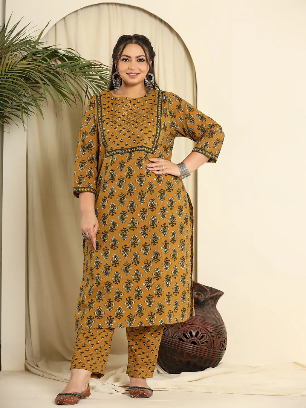 Yufta Mustard Pure Cotton Kantha Work Kurta Dupatta Pant Set With Handwork - Distacart