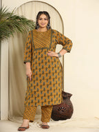 Yufta Mustard Pure Cotton Kantha Work Kurta Dupatta Pant Set With Handwork - Distacart