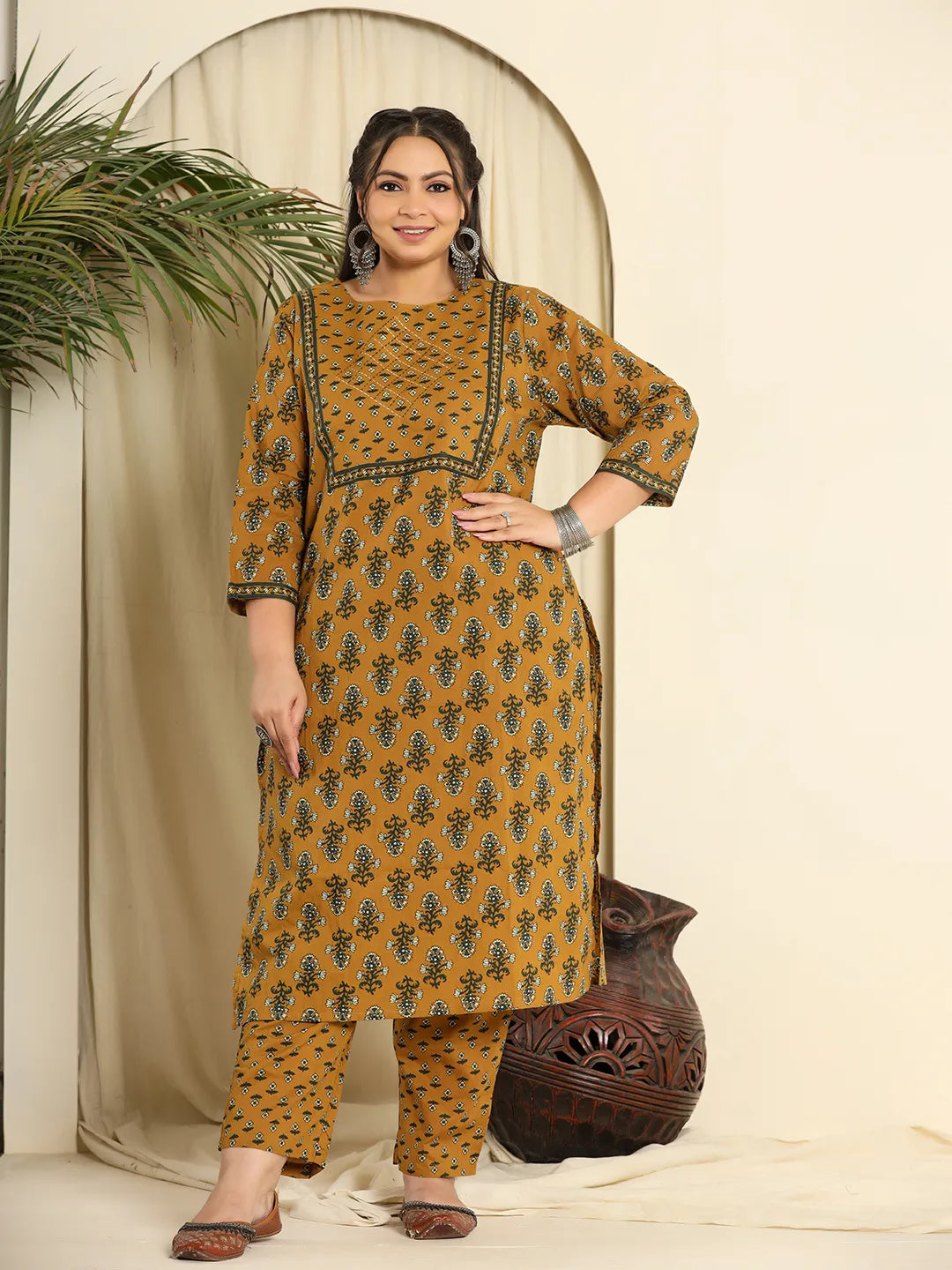 Yufta Mustard Pure Cotton Kantha Work Kurta Dupatta Pant Set With Handwork - Distacart