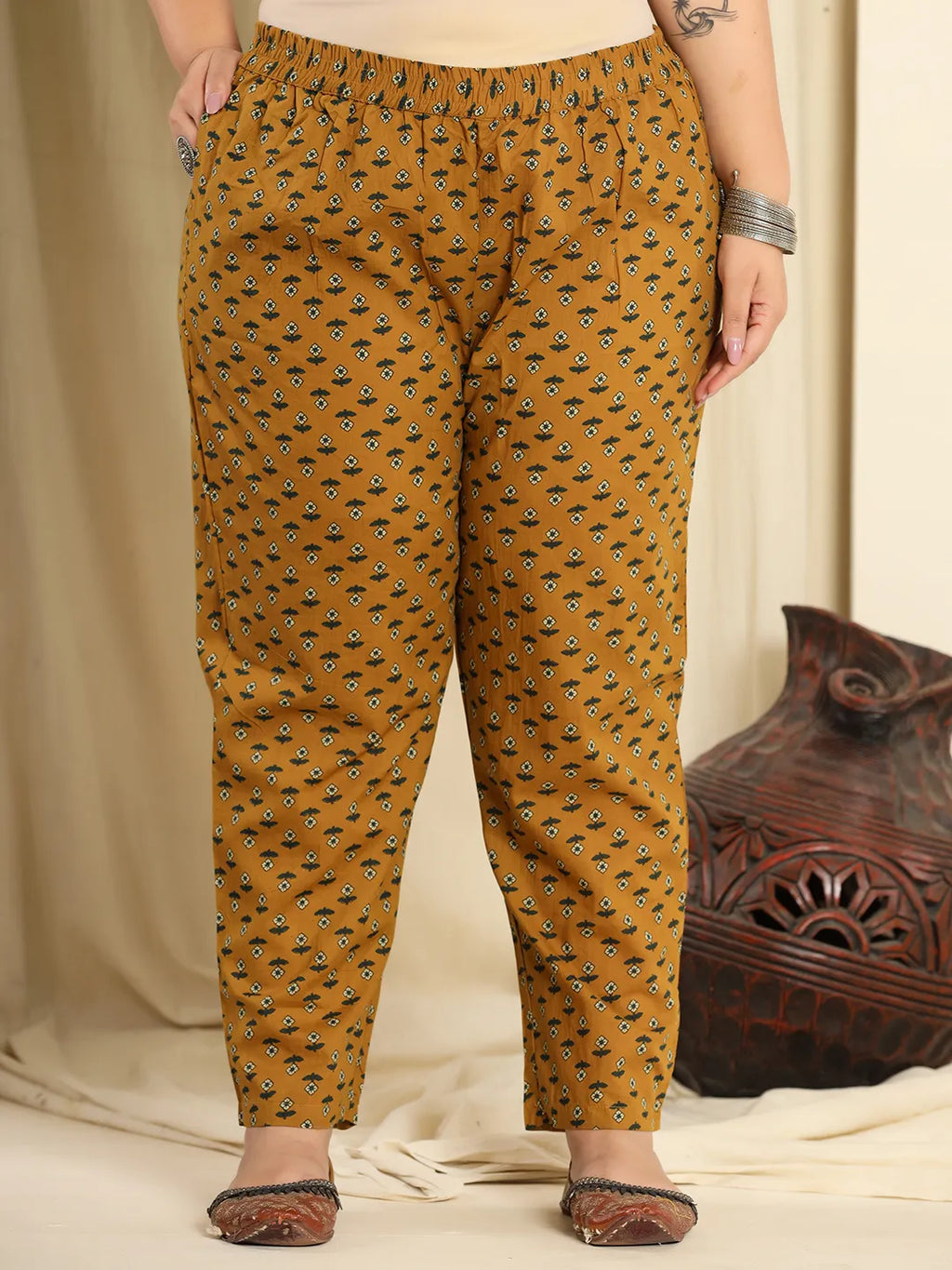 Yufta Mustard Pure Cotton Kantha Work Kurta Dupatta Pant Set With Handwork - Distacart