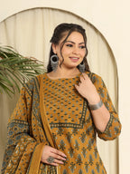 Yufta Mustard Pure Cotton Kantha Work Kurta Dupatta Pant Set With Handwork - Distacart