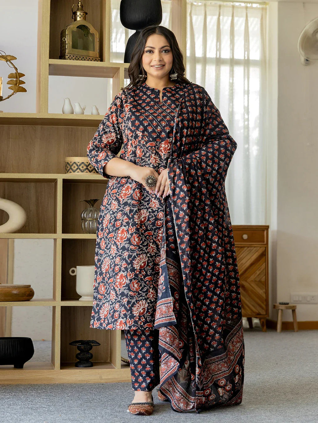 Yufta Pure Cotton Black Plus Size Kurta Dupatta Pant Set - Distacart