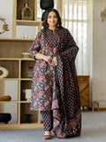Yufta Pure Cotton Black Plus Size Kurta Dupatta Pant Set - Distacart