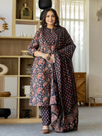 Yufta Pure Cotton Black Plus Size Kurta Dupatta Pant Set - Distacart