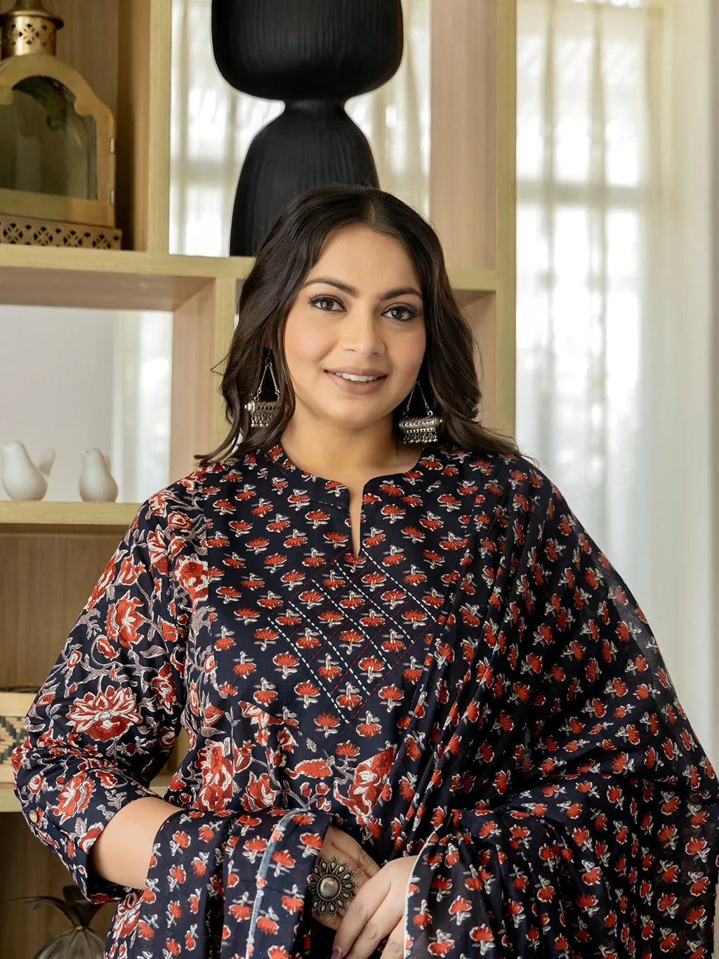Yufta Pure Cotton Black Plus Size Kurta Dupatta Pant Set - Distacart