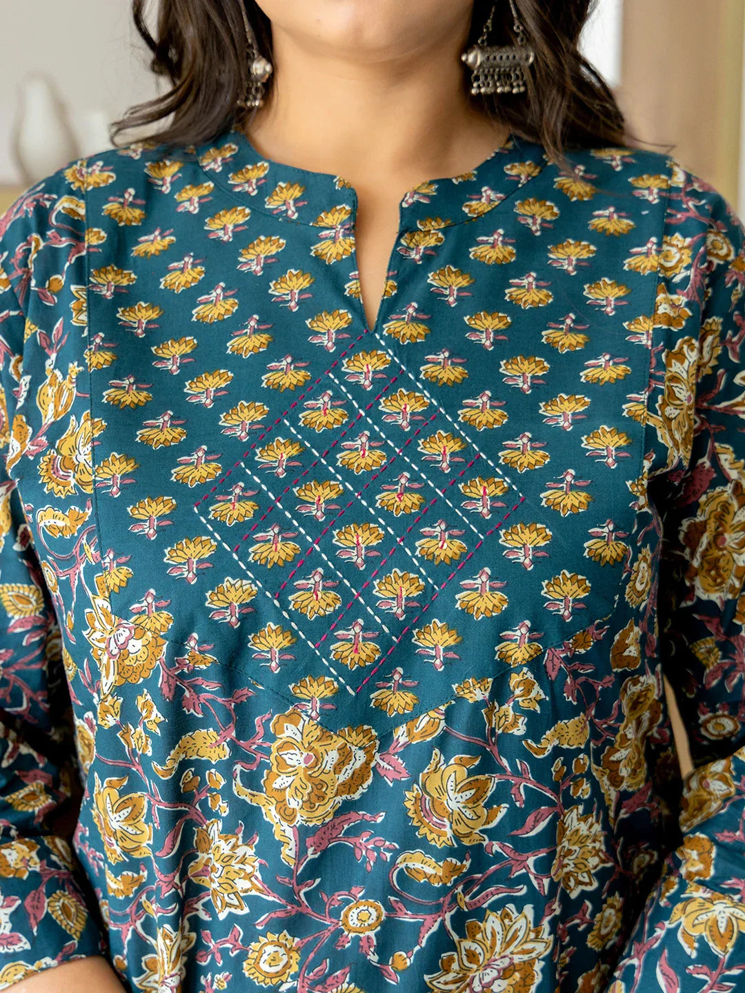 Yufta Pure Cotton Teal Green Kurta Dupatta Pant Set With Handwork - Distacart