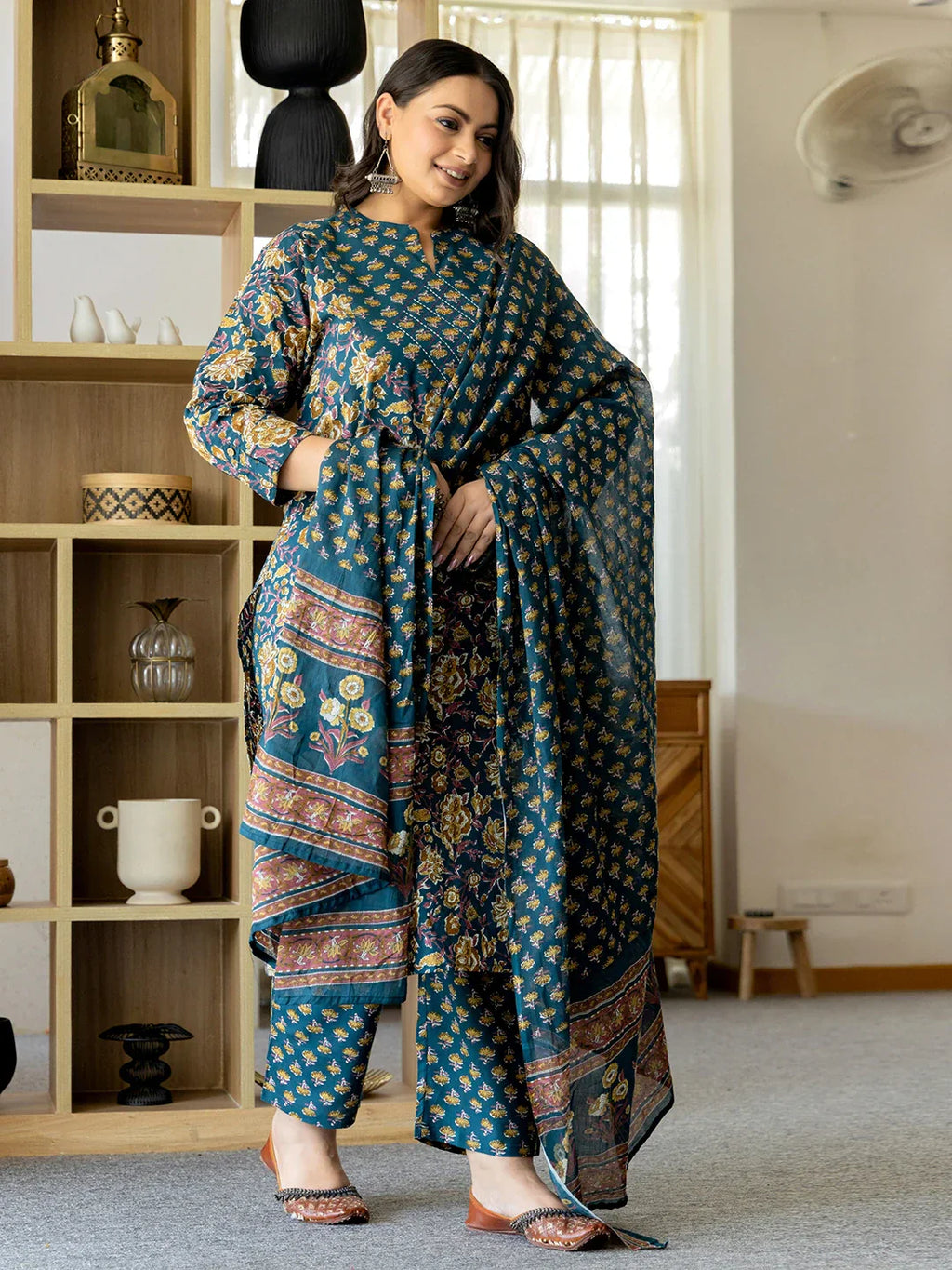 Yufta Pure Cotton Teal Green Kurta Dupatta Pant Set With Handwork - Distacart