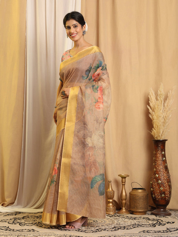 Shivam Fabrics Beige Chanderi Fabric Printed Saree - Distacart