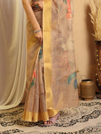 Shivam Fabrics Beige Chanderi Fabric Printed Saree - Distacart