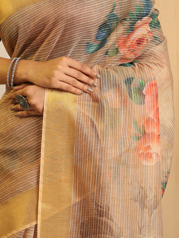Shivam Fabrics Beige Chanderi Fabric Printed Saree - Distacart