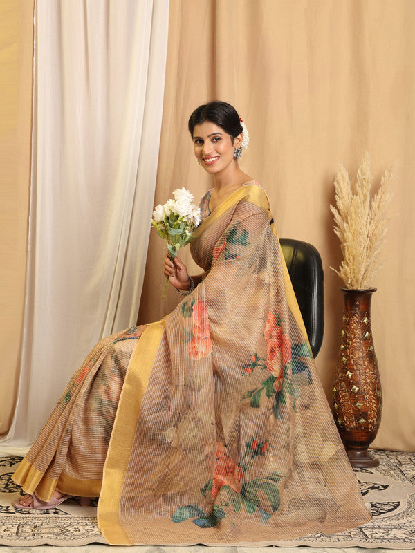 Shivam Fabrics Beige Chanderi Fabric Printed Saree - Distacart