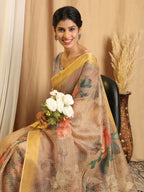 Shivam Fabrics Beige Chanderi Fabric Printed Saree - Distacart