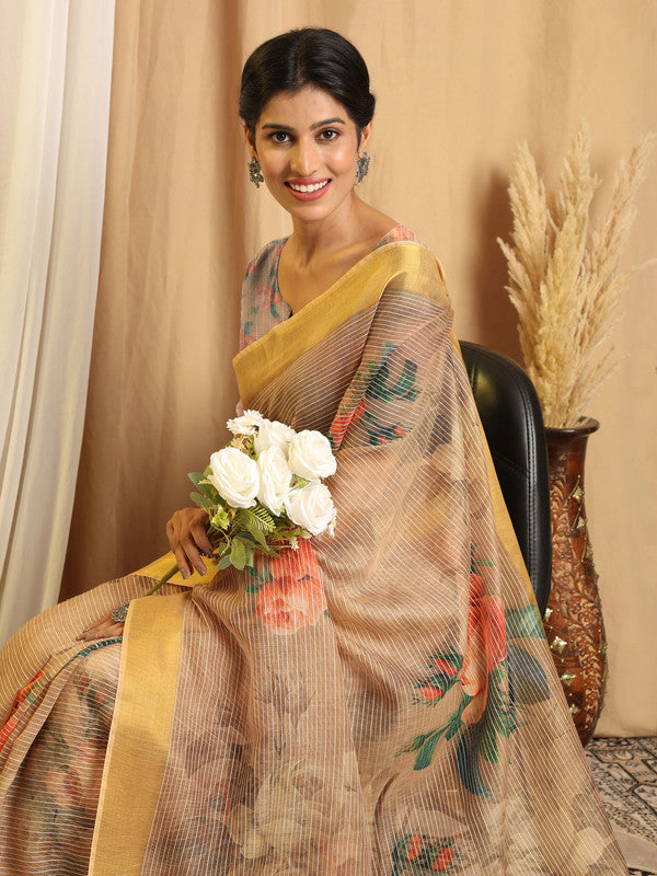 Shivam Fabrics Beige Chanderi Fabric Printed Saree - Distacart
