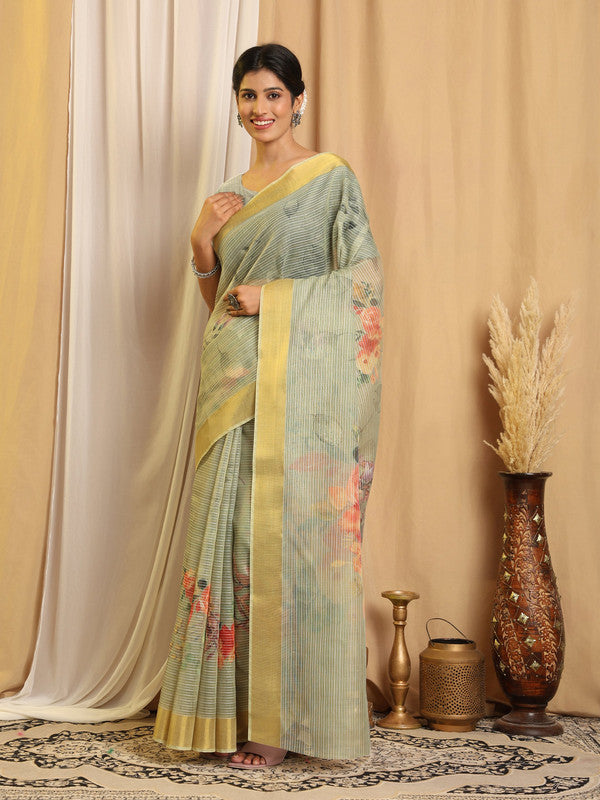 Shivam Fabrics Green Chanderi Fabric Printed Saree - Distacart