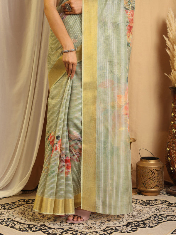 Shivam Fabrics Green Chanderi Fabric Printed Saree - Distacart