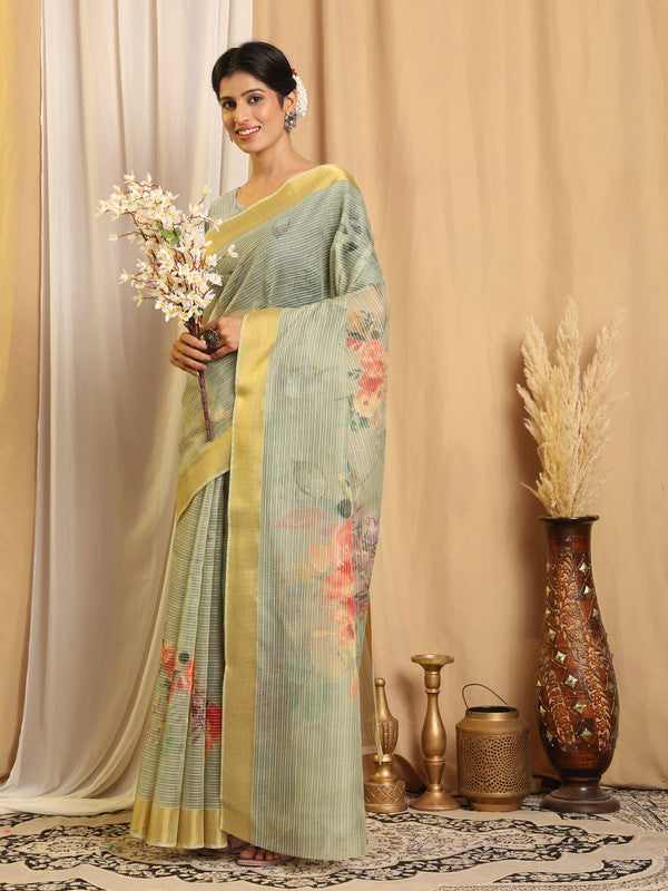 Shivam Fabrics Green Chanderi Fabric Printed Saree - Distacart