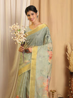 Shivam Fabrics Green Chanderi Fabric Printed Saree - Distacart