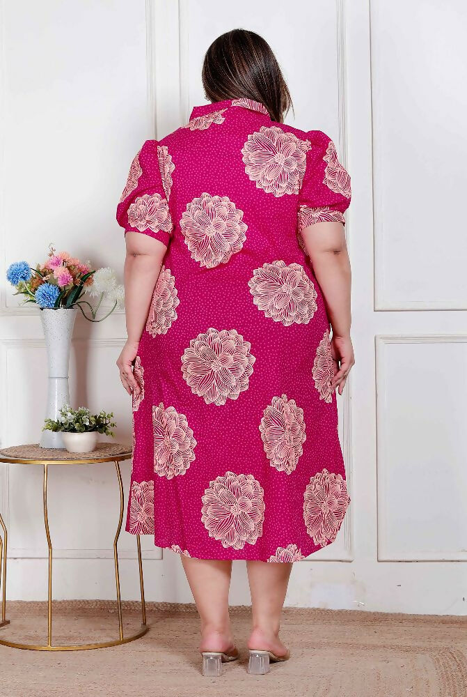 Miravan Plus Size Womens Pink Printed Collar Neck Short Puff Sleeves Cotton A-Line Maxi Dress - Distacart