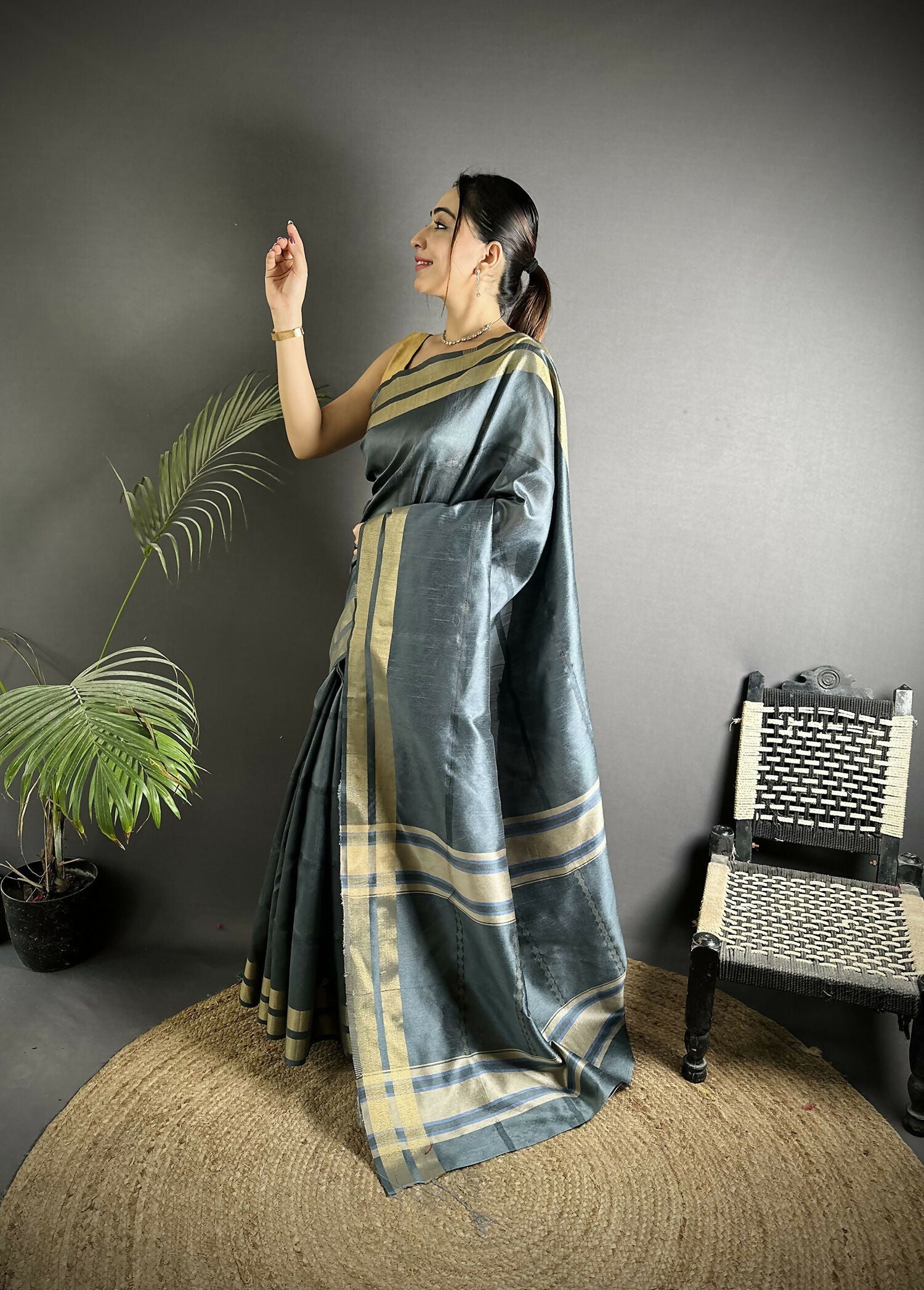 Joban Fashion Dark Grey Woven Pattern Raw Silk Kanjivaram Silk Saree - Distacart