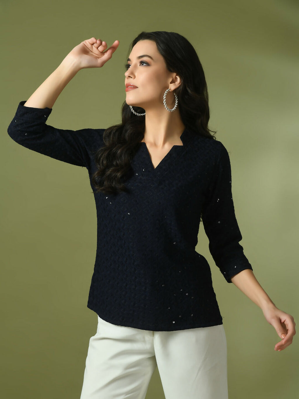 Myshka Women's Navy Blue Embellished Cotton Regular Party Tunic