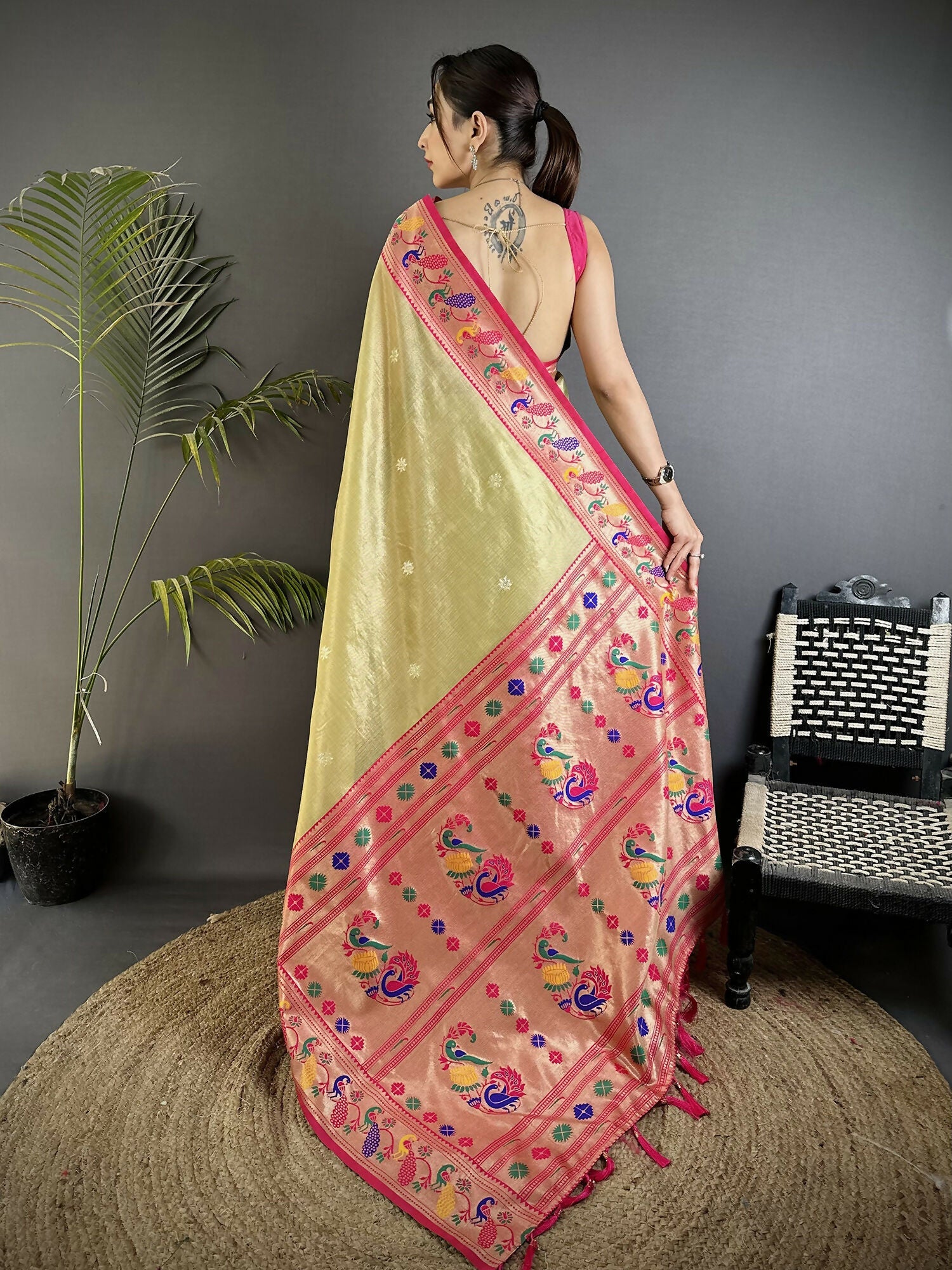 Joban Fashion Golden Beige Zari Weaving Tissue Paithani Saree