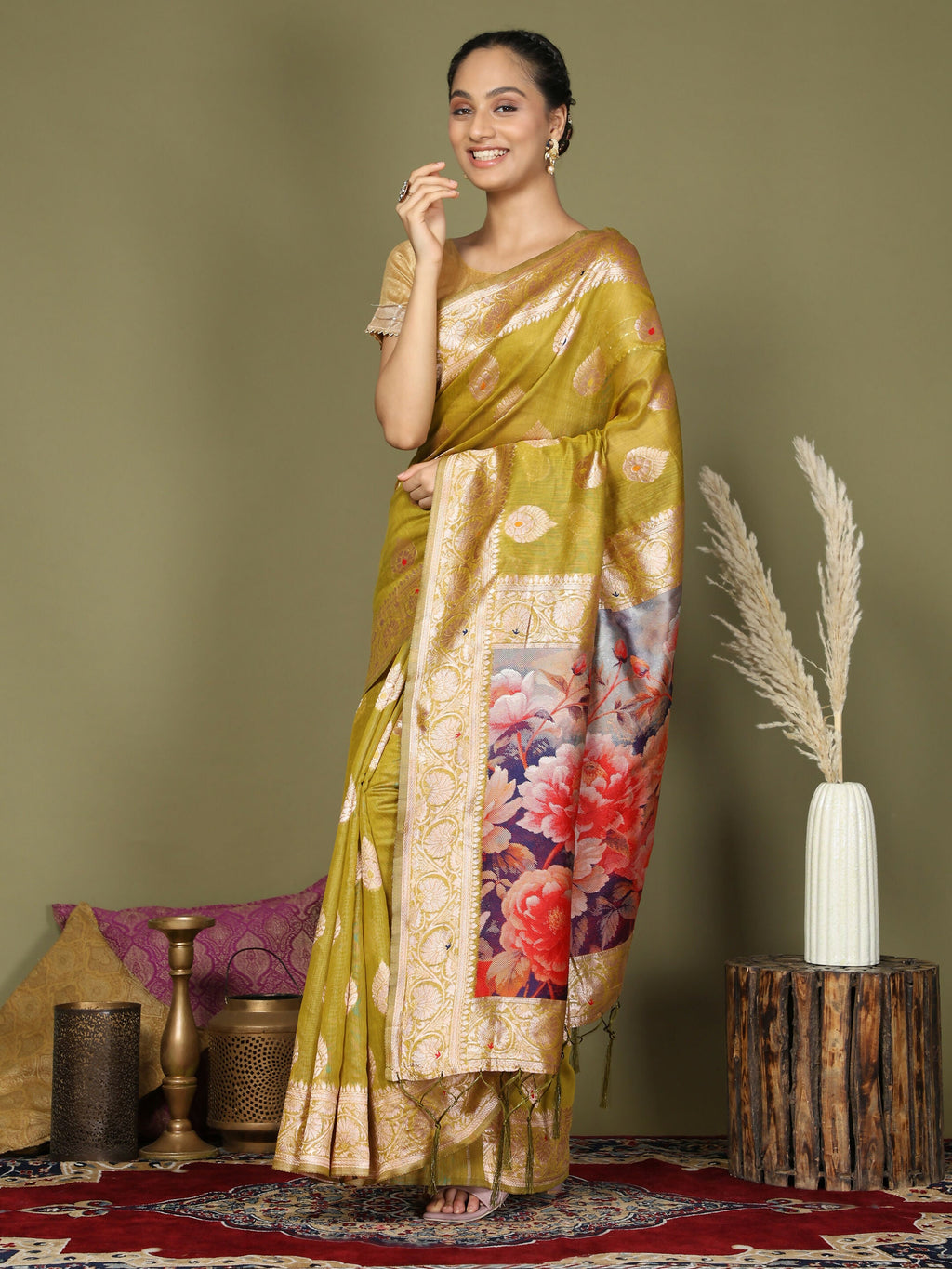 Shree Shyam Fashion Linen Cotton Mhendi Green Saree - Distacart