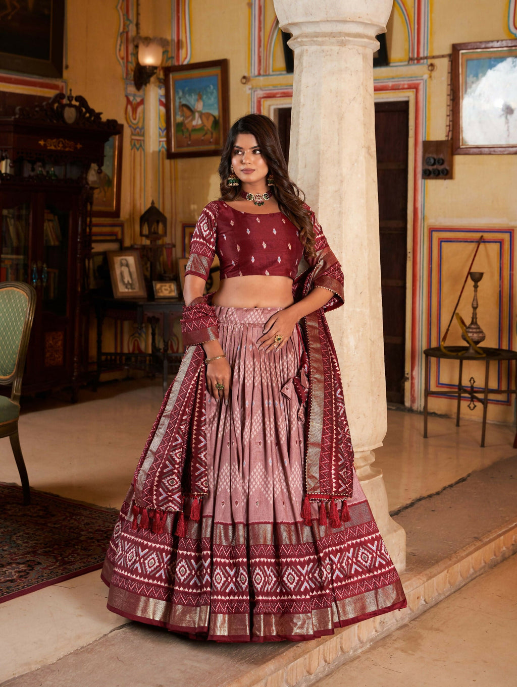 Vastranavya Occasionaly Tussar Silk Dot And Ikkat Print With Foil Work Lehenga Choli - Maroon