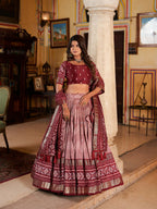 Vastranavya Occasionaly Tussar Silk Dot And Ikkat Print With Foil Work Lehenga Choli - Maroon