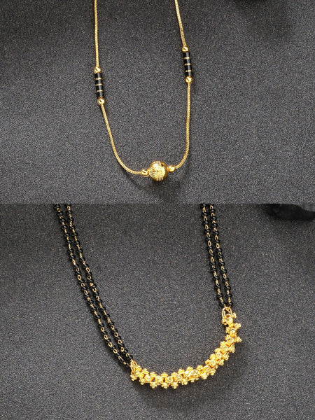 NVR Women's Set of 2 Black Gold-Polished & Beaded Mangalsutra