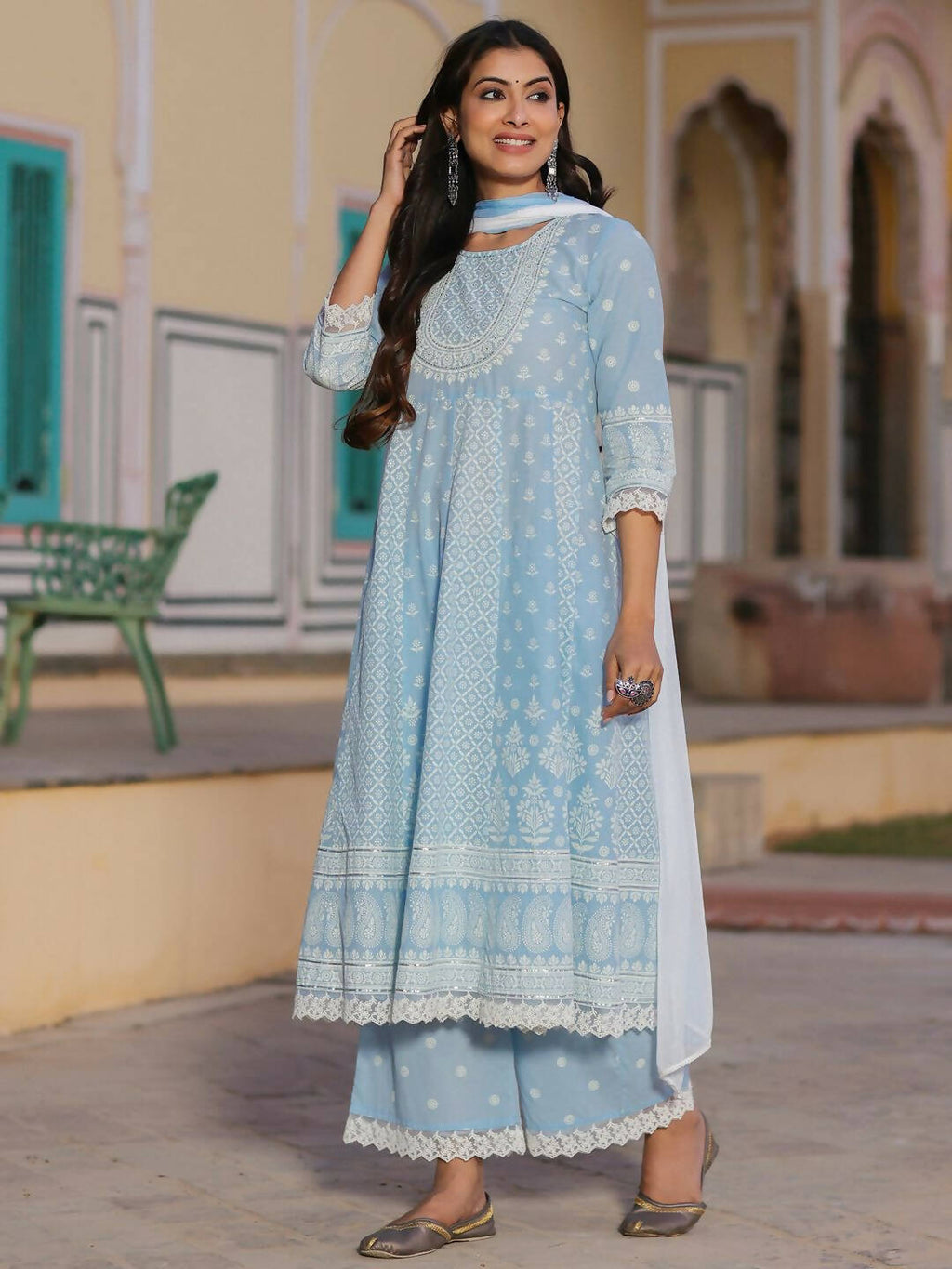Juniper Women's Powerblue Cambric Floral Printed Anarkali Kurta Sets - Distacart