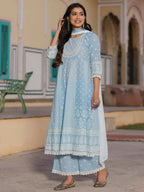 Juniper Women's Powerblue Cambric Floral Printed Anarkali Kurta Sets - Distacart