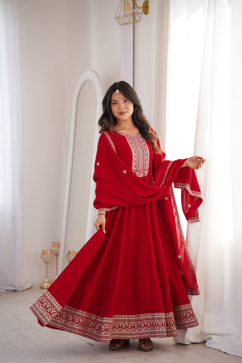 Lorenvalley Fashion Red Vichitra Silk with Full Kali Pattern Embroidery work Anarkali Gown with Dupatta - Distacart