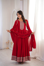 Lorenvalley Fashion Red Vichitra Silk with Full Kali Pattern Embroidery work Anarkali Gown with Dupatta - Distacart