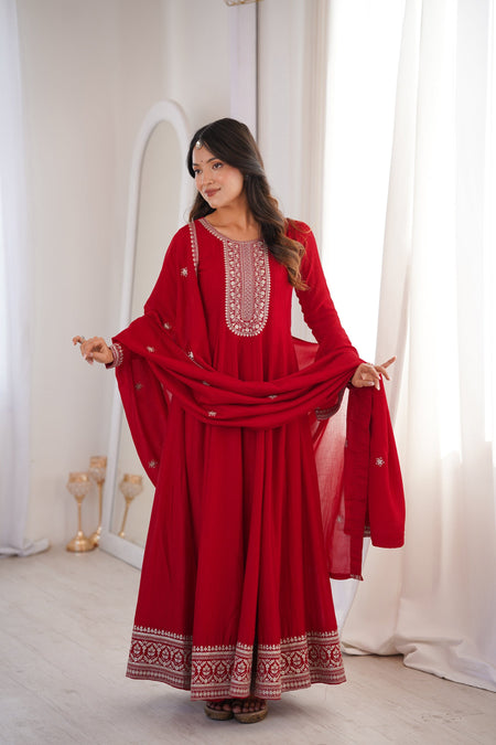 Lorenvalley Fashion Red Vichitra Silk with Full Kali Pattern Embroidery work Anarkali Gown with Dupatta