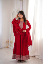 Lorenvalley Fashion Red Vichitra Silk with Full Kali Pattern Embroidery work Anarkali Gown with Dupatta - Distacart