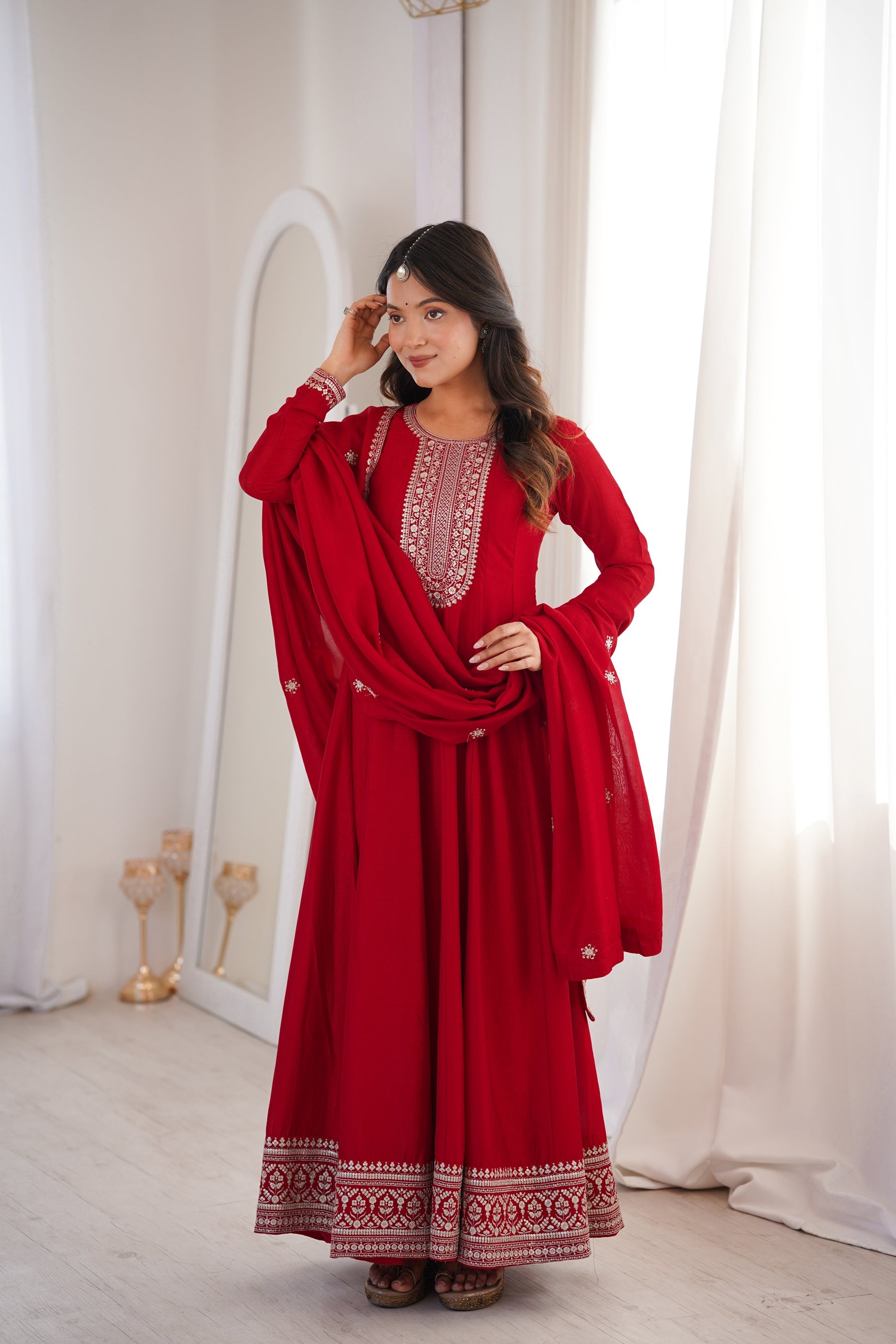 Lorenvalley Fashion Red Vichitra Silk with Full Kali Pattern Embroidery work Anarkali Gown with Dupatta - Distacart