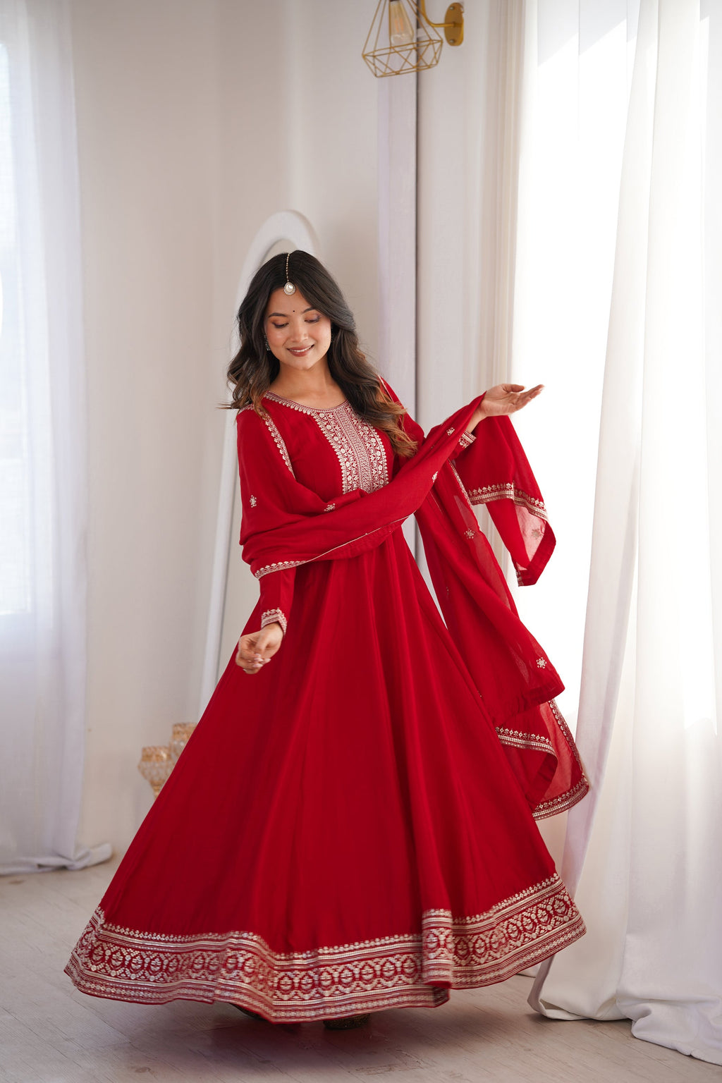 Lorenvalley Fashion Red Vichitra Silk with Full Kali Pattern Embroidery work Anarkali Gown with Dupatta - Distacart