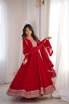 Lorenvalley Fashion Red Vichitra Silk with Full Kali Pattern Embroidery work Anarkali Gown with Dupatta - Distacart