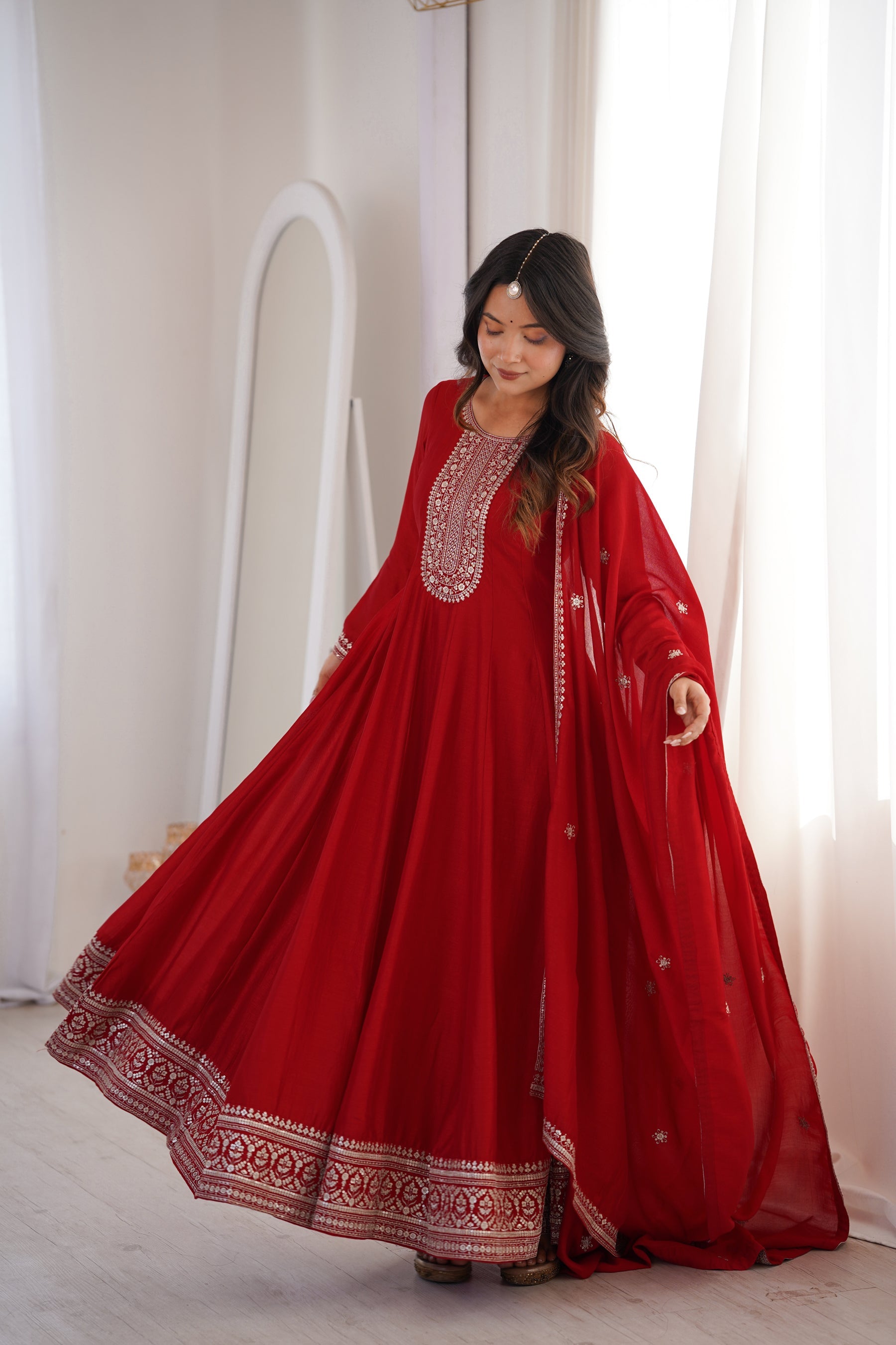 Lorenvalley Fashion Red Vichitra Silk with Full Kali Pattern Embroidery work Anarkali Gown with Dupatta - Distacart
