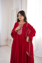 Lorenvalley Fashion Red Vichitra Silk with Full Kali Pattern Embroidery work Anarkali Gown with Dupatta - Distacart