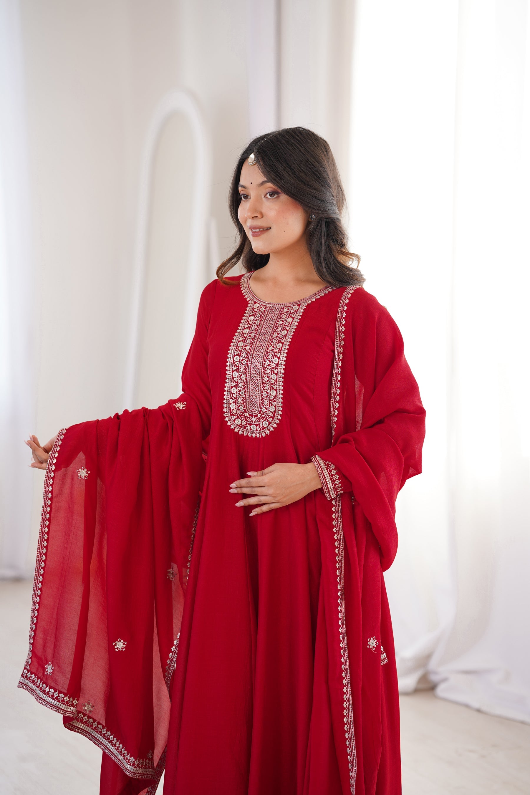 Lorenvalley Fashion Red Vichitra Silk with Full Kali Pattern Embroidery work Anarkali Gown with Dupatta - Distacart